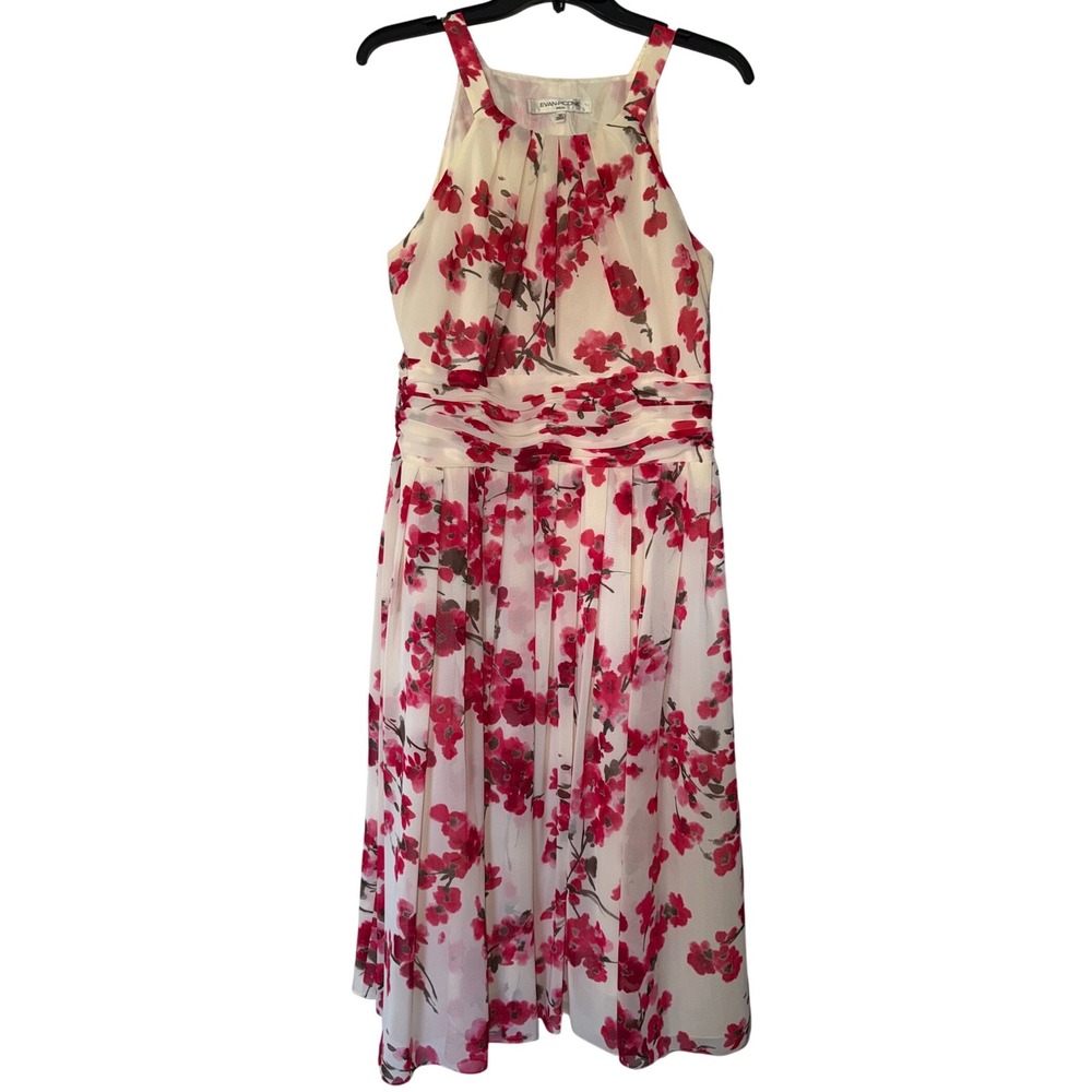 Evan-Picone Womens Floral Halter Midi Dress Red Cream Pleated‎ Ruched Size 12